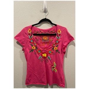 JWLA Love Embroidered Flowers Bird Short Sleeve V-Neck Pink Blouse